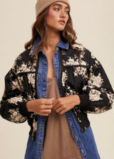 Quilted Floral Print Pleated Bomber Jacket