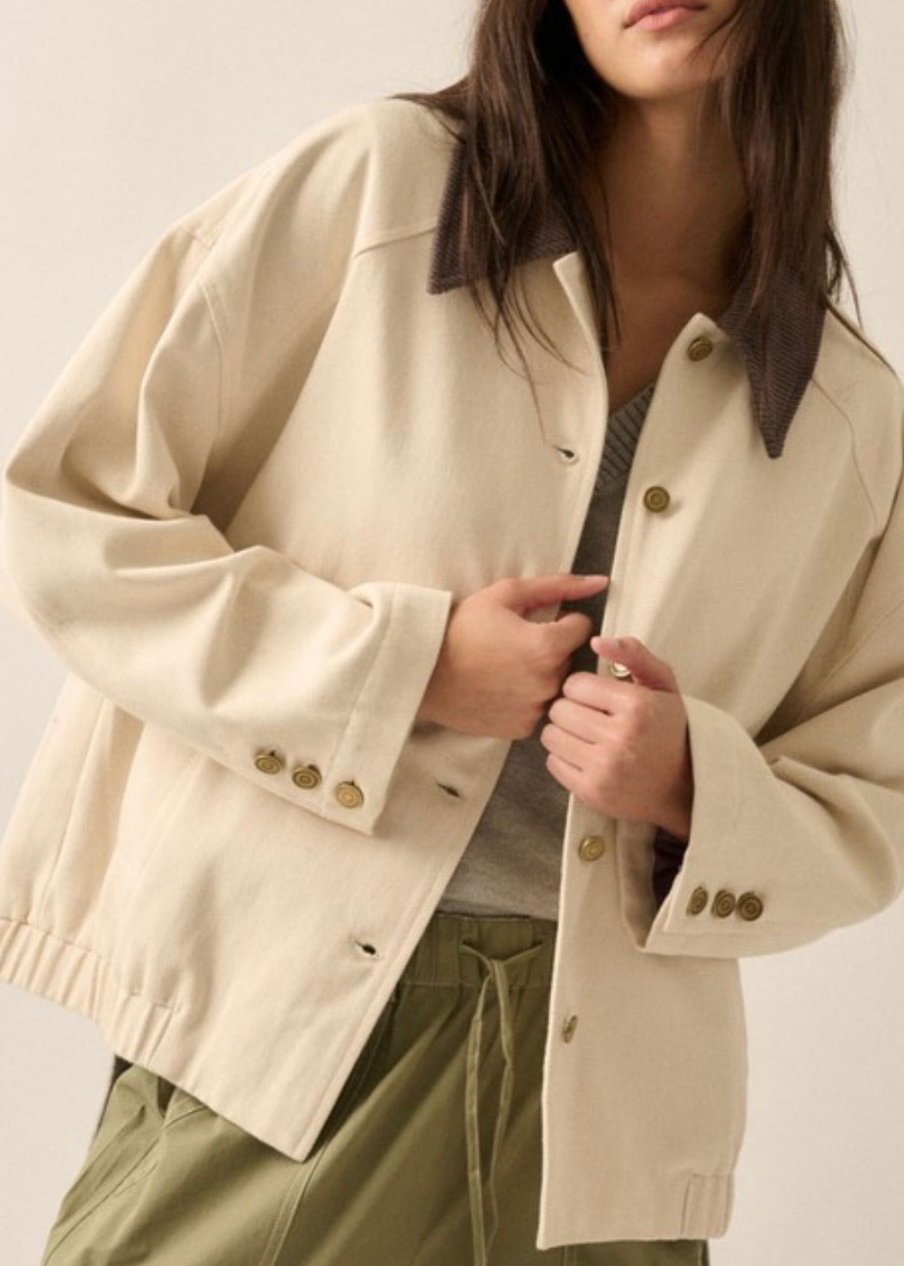 Corduroy Collar Oversize Twill Barn Jacket