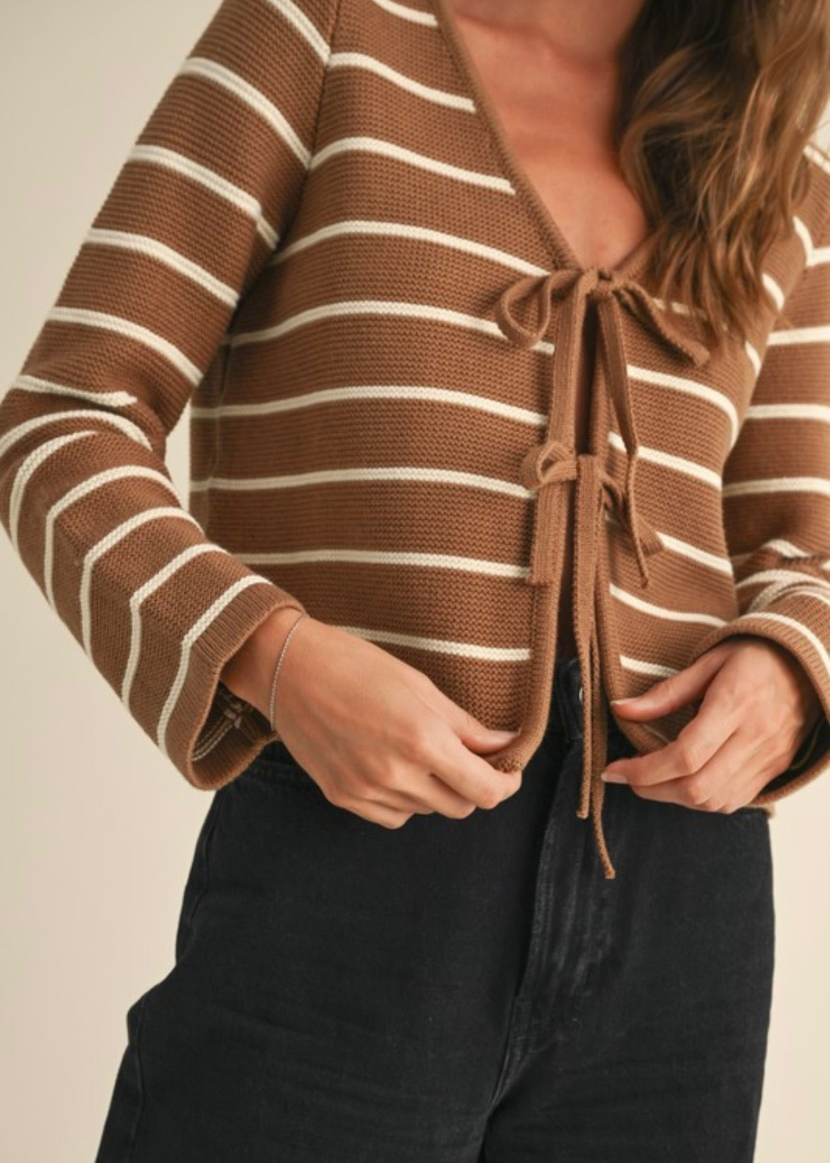 Caramelo Tie Front Stripe Cardigan