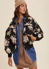 Quilted Floral Print Pleated Bomber Jacket