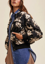 Quilted Floral Print Pleated Bomber Jacket