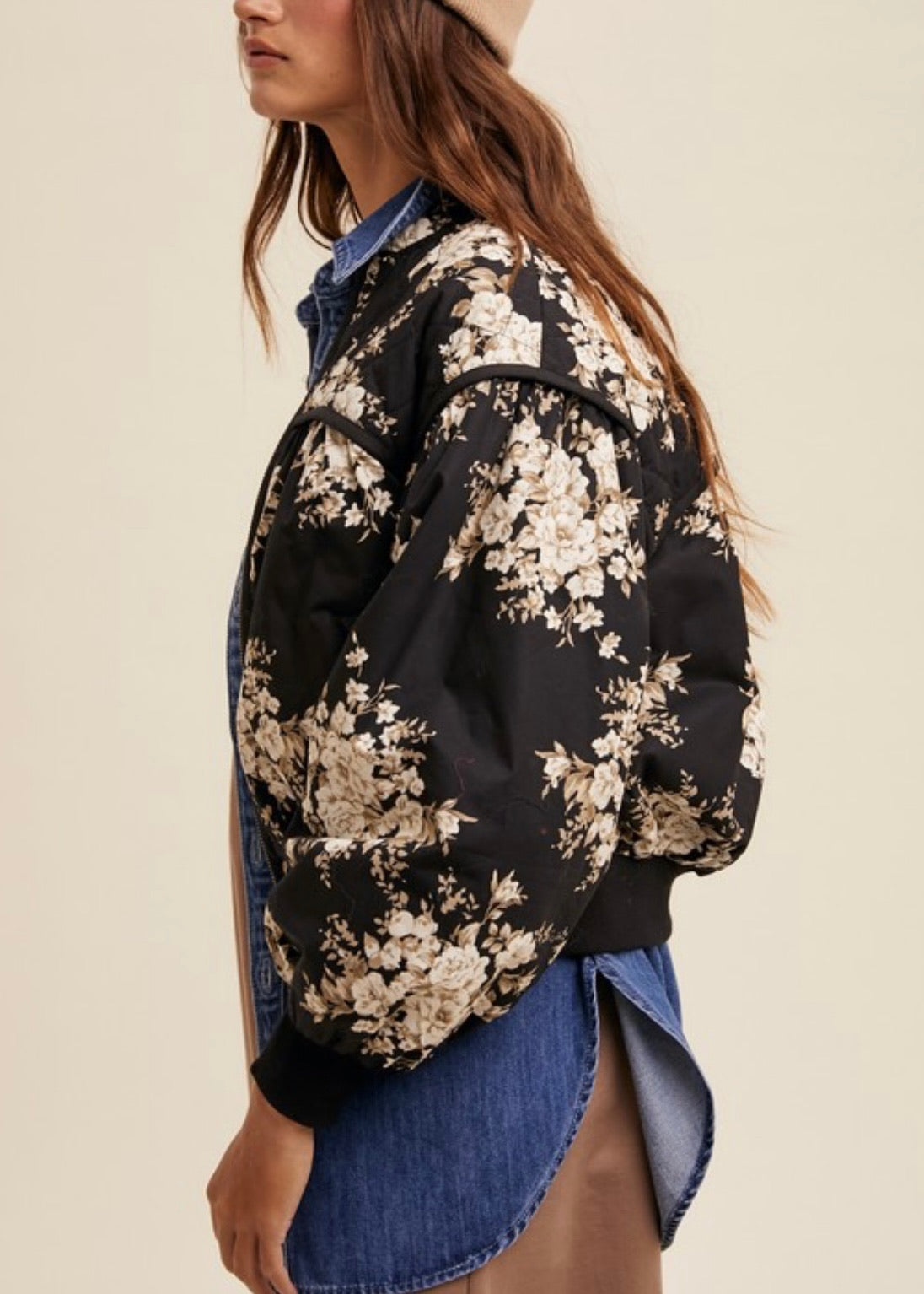 Quilted Floral Print Pleated Bomber Jacket