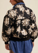 Quilted Floral Print Pleated Bomber Jacket